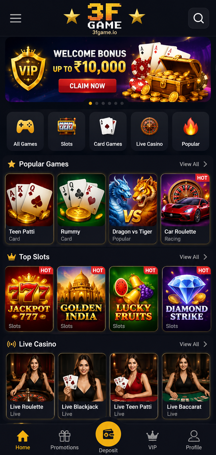3F Game app homepage 2026 — main interface showing games lobby and wallet